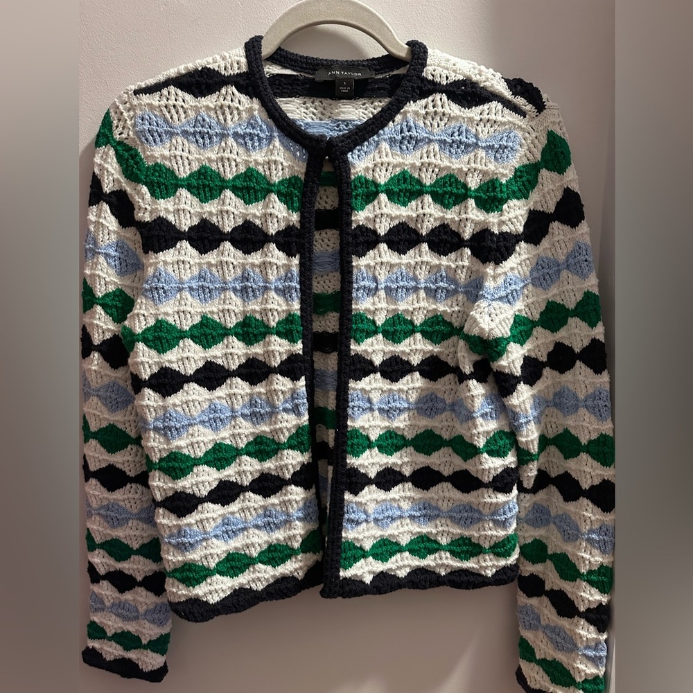 Ann Taylor Green, Blue, Black, and White Cardigan